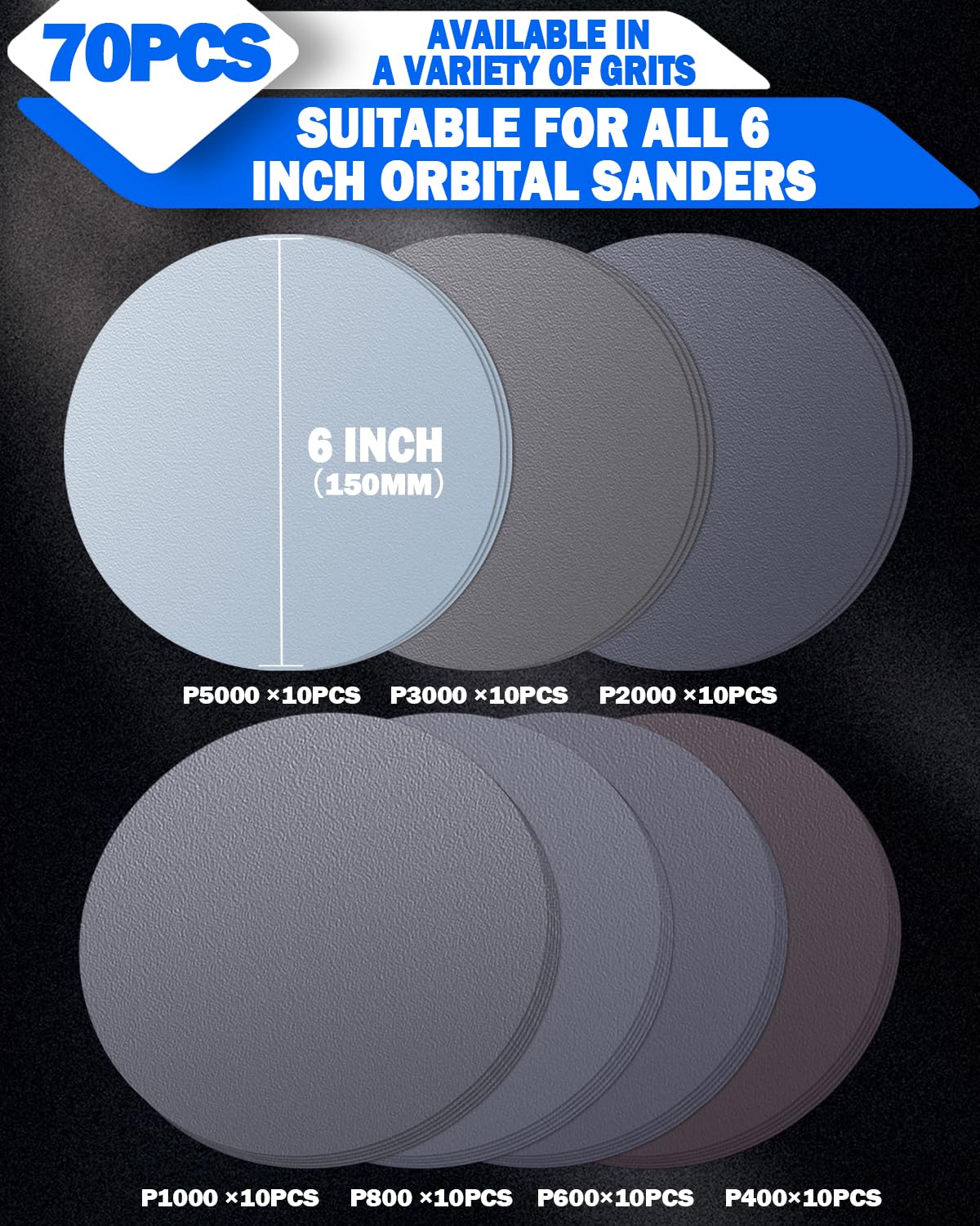 70Pcs 6 Inch Wet Dry Sanding Paper Discs Hook and Loop, 5000 3000 2000 1000 800 600 400 Fine Grit Sandpaper for DA Random Orbital Sander, Sandpaper Assortment for Automotive Wood Metal Glass Polishing