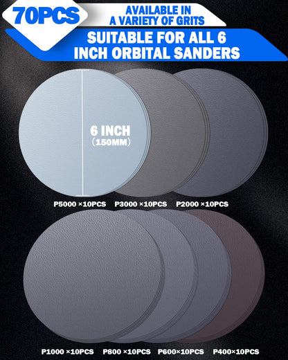 70Pcs 6 Inch Wet Dry Sanding Paper Discs Hook and Loop, 5000 3000 2000 1000 800 600 400 Fine Grit Sandpaper for DA Random Orbital Sander, Sandpaper Assortment for Automotive Wood Metal Glass Polishing
