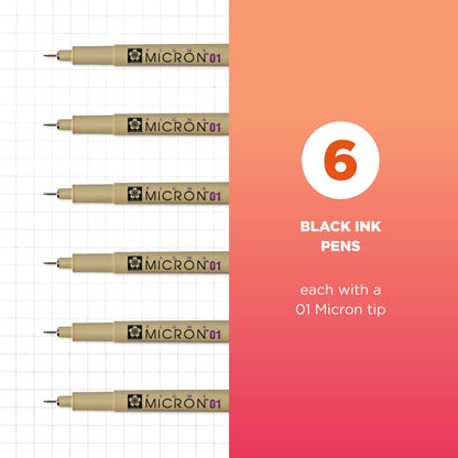 SAKURA Pigma Micron Fineliner Pens - Archival Black Ink Pens - Pens for Writing or Drawing - Holiday Gifts for Artists, Crafters & DIY Gifts Projects - Black Ink - 01 Point Size - 6 Pack