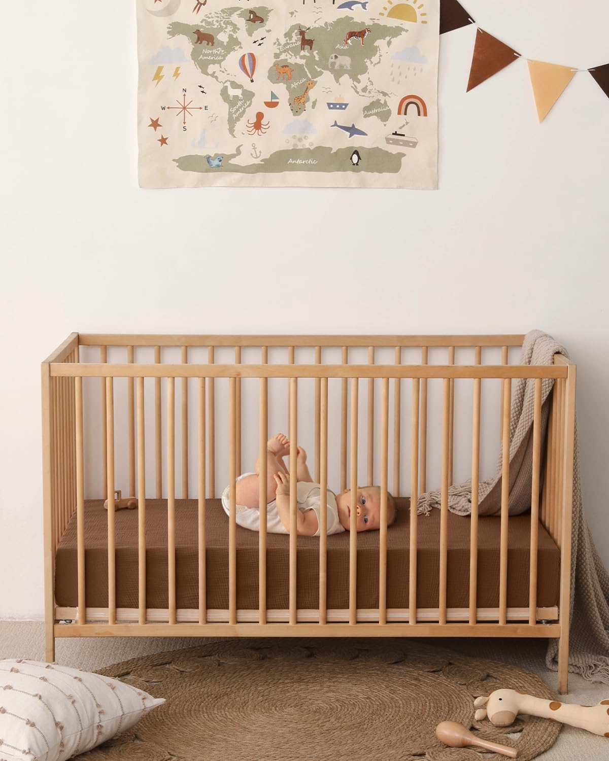 Blissful Diary Muslin Crib Sheets for Girl Boy, Boho Neutral Soft Cotton Baby Sheet for 52''x28'' Standard Crib Mattress, 2 Pack(Sunshine&Brown)