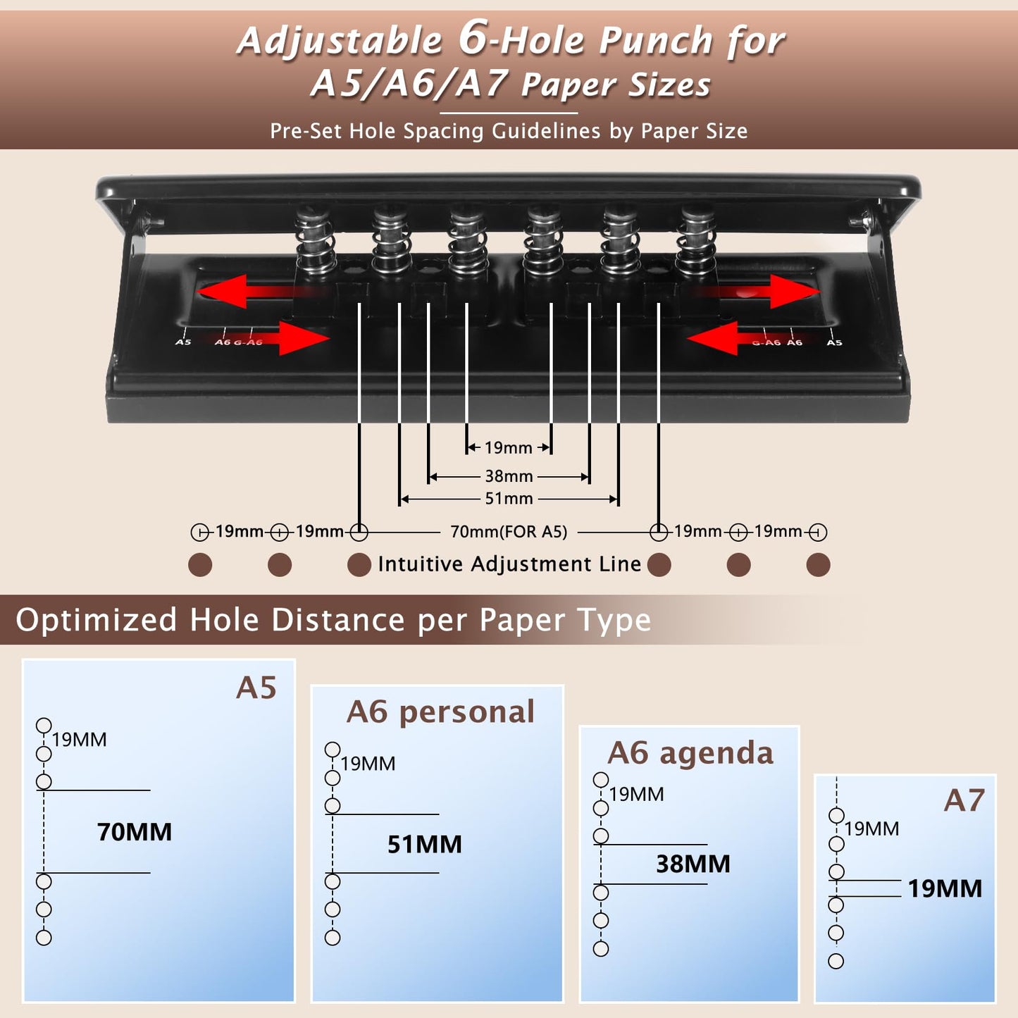 All Metal Adjustable 6-Hole Paper Puncher, A5 A6 A7 6 Ring Punch with Positioning Mark, 6 Sheet Capacities Puncher for Dairy Planner, Personal, Agenda, Binder Refill Pages (Black)
