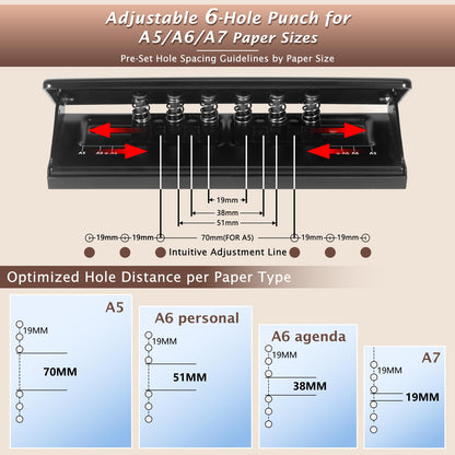 All Metal Adjustable 6-Hole Paper Puncher, A5 A6 A7 6 Ring Punch with Positioning Mark, 6 Sheet Capacities Puncher for Dairy Planner, Personal, Agenda, Binder Refill Pages (Black)