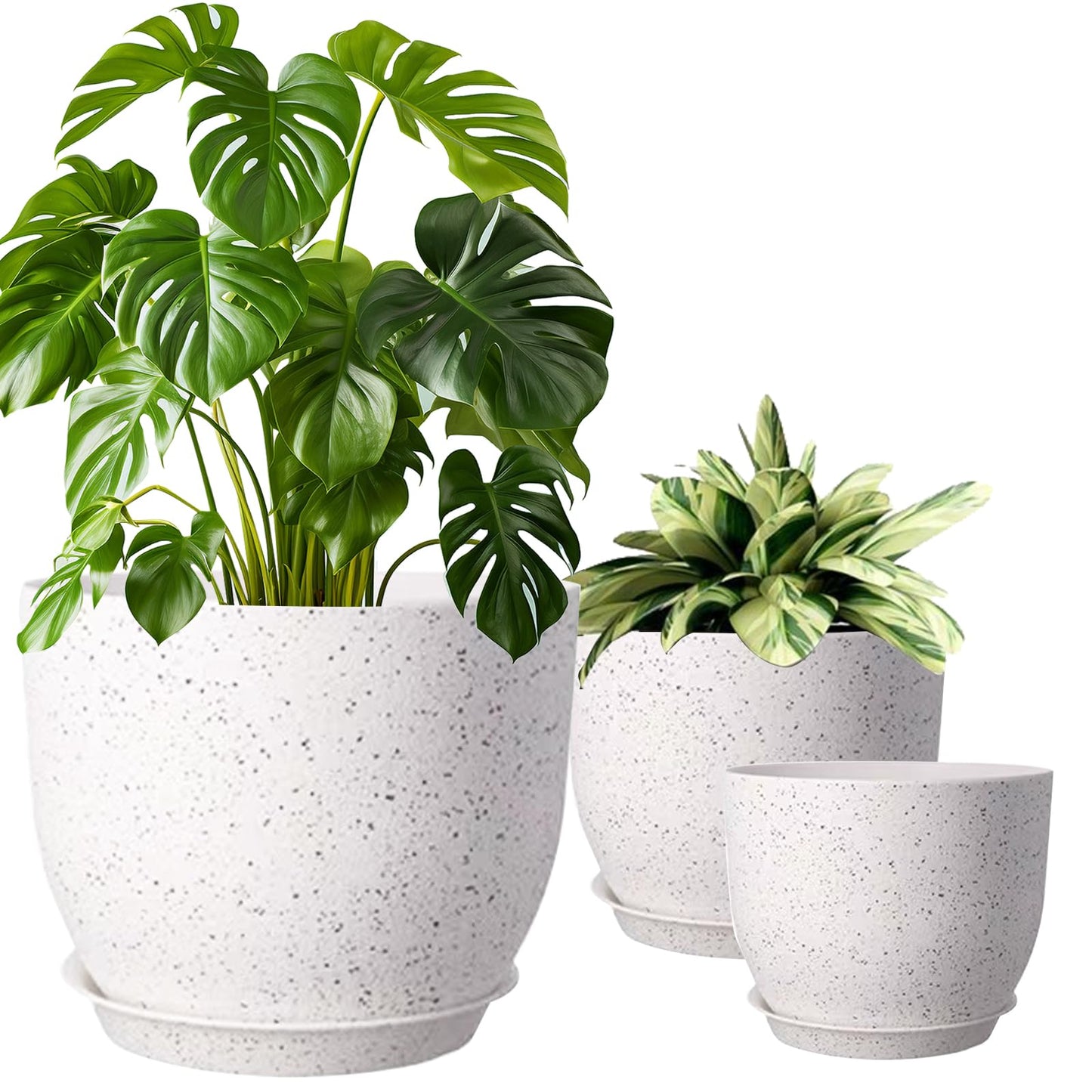 10/9/8 inch Plant Pots, 3 Pack Plastic Flower Pots Modern Flower Pots with Drainage Holes and Trays are for Indoor and Outdoor Plants, Herbs and Flowers,White Speckles (White)
