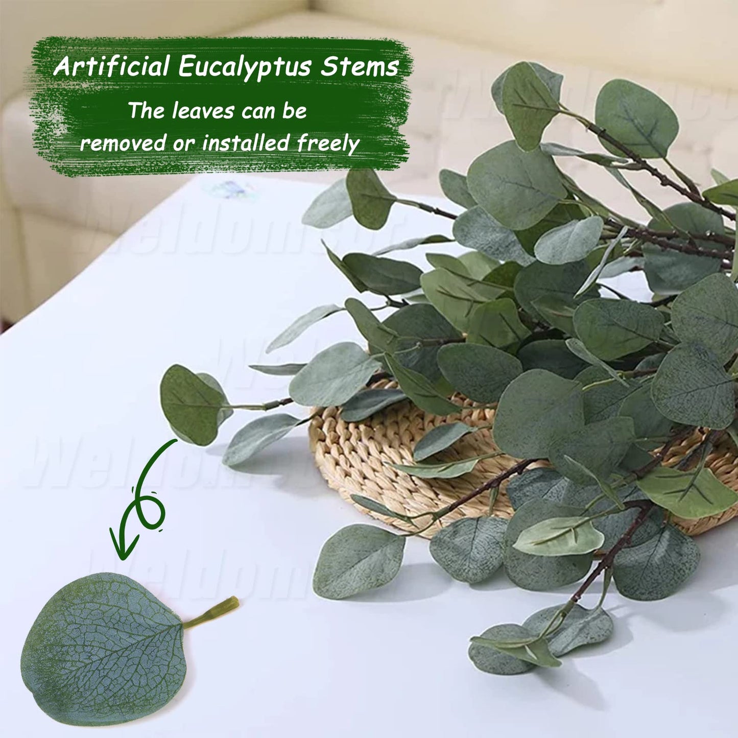 Weldomcor Artificial Eucalyptus Stems, 35 inch Artificial Silver Dollar Leaves Fake Eucalyptus Branches for Wedding Party Flower Arrangement Home Decoration, 4PCS