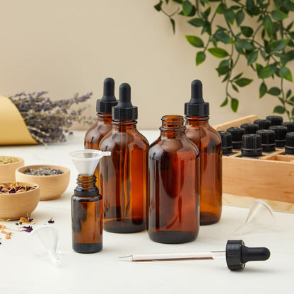 4 oz Amber Glass Dropper Bottles 15 Count and 6 Funnels (120 ml, 21-Piece Set)