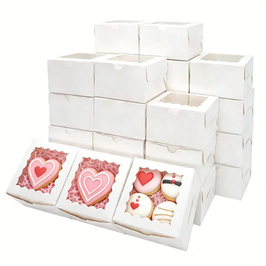 XINHPKGG 100pcs Cookie Boxes 4x4x2.5 Inch Bakery Boxes with Window Treat Box Dessert Box for Wedding Favors Party Mother's Day - White