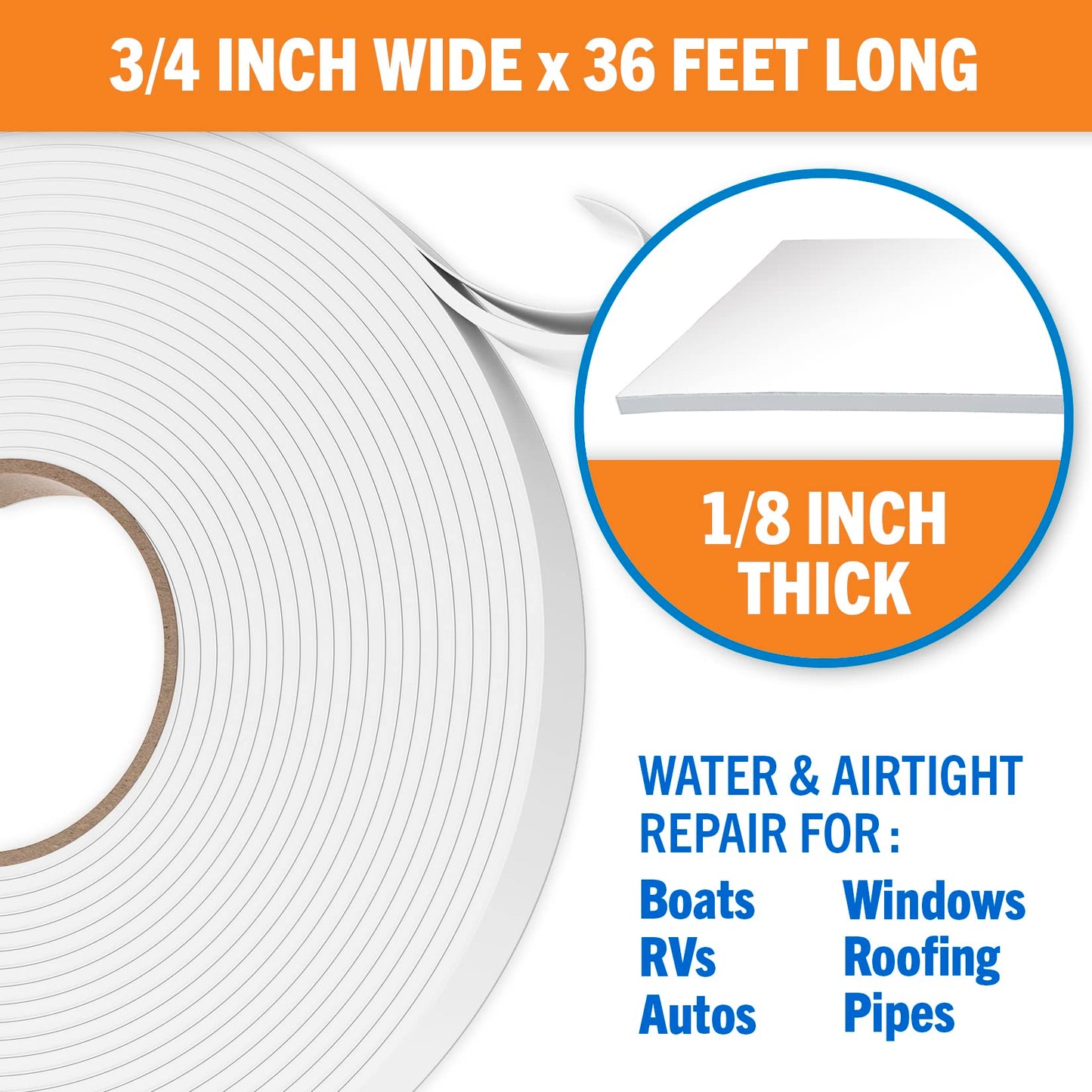 Butyl Tape, RV and Marine Window Seal Kit, White Double-Sided Putty Tape, 1/8" x 3/4" x 36 Ft, Waterproof Rubber Caulking for Boat, RV Windows, and Outdoor Sealing