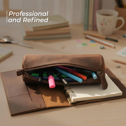 Wanderings Small Triangle Leather Pencil Pouch – 8.5" / 21.6 cm – Handcrafted Full-Grain Leather Zipper Case – Compact Brown and Stylish Pencil Case for Artists, Travel Makeup, Jewelry, and Purse Bag