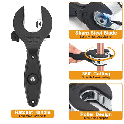 SUNJOYCO Ratcheting Tubing Cutter, Ratchet Pipe Cutter 5/16" to 1-1/8", 2 in 1 Close Quarters Tube Compact Cutters, Ratchet-Type Tube Cutting Tool for Copper, Aluminum, PVC, PEX, Steel, Fuel Pipe