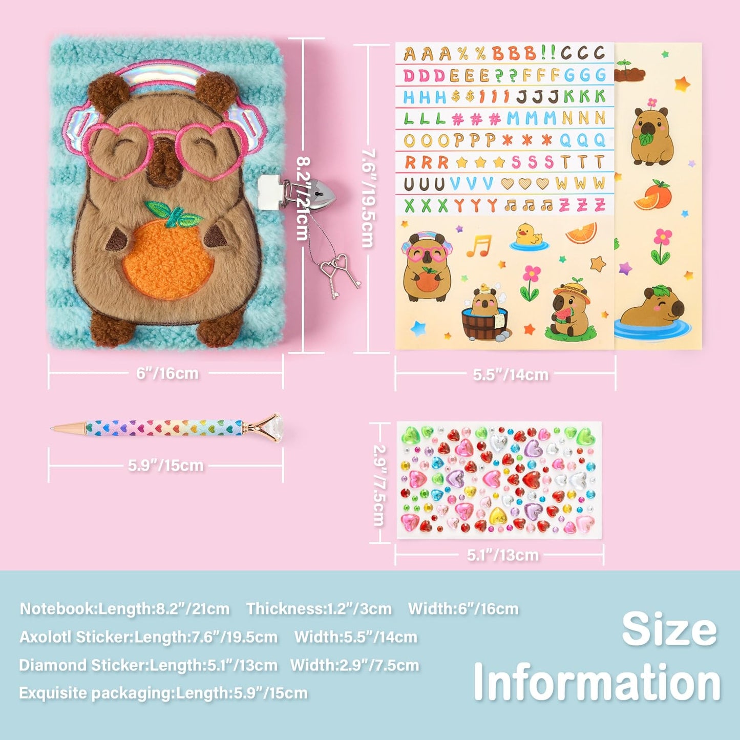 WERNNSAI Capybara Kids Secret Diary for Girls with Lock Key, Kids Plush Journal Kit, School Travel Notebook with Pen, Stickers for Writing Drawing, Birthday Gift for Girls Ages 6-8