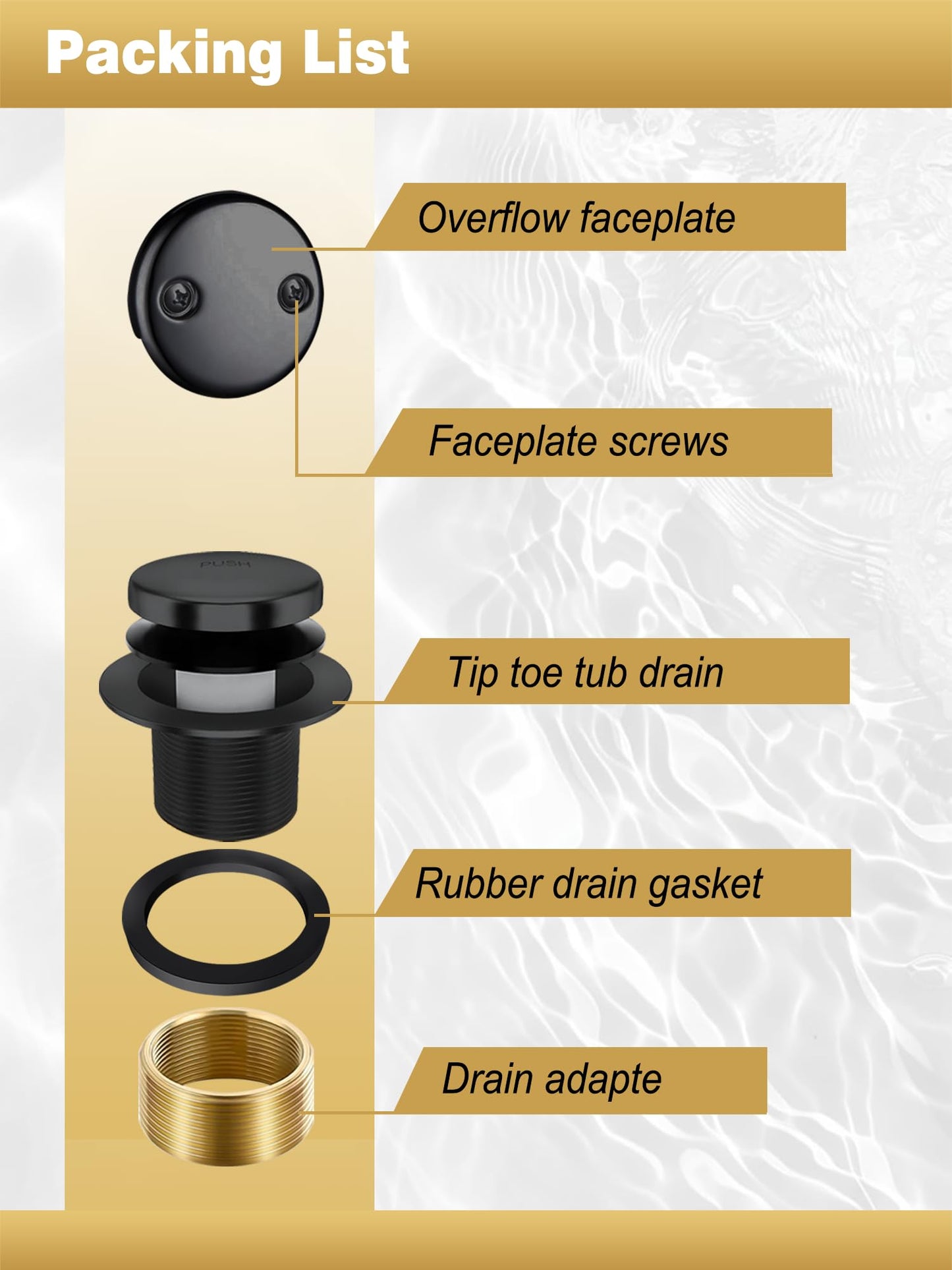 Tip-Toe Bathtub Drain Stopper, Tub Drain Set with 2-Hole Overflow Faceplate and Universal Fine/Coarse Thread, Bath Tub Plug Kit Assembly Fits 1-3/8" or 1-1/2" Bath Drain (Black)