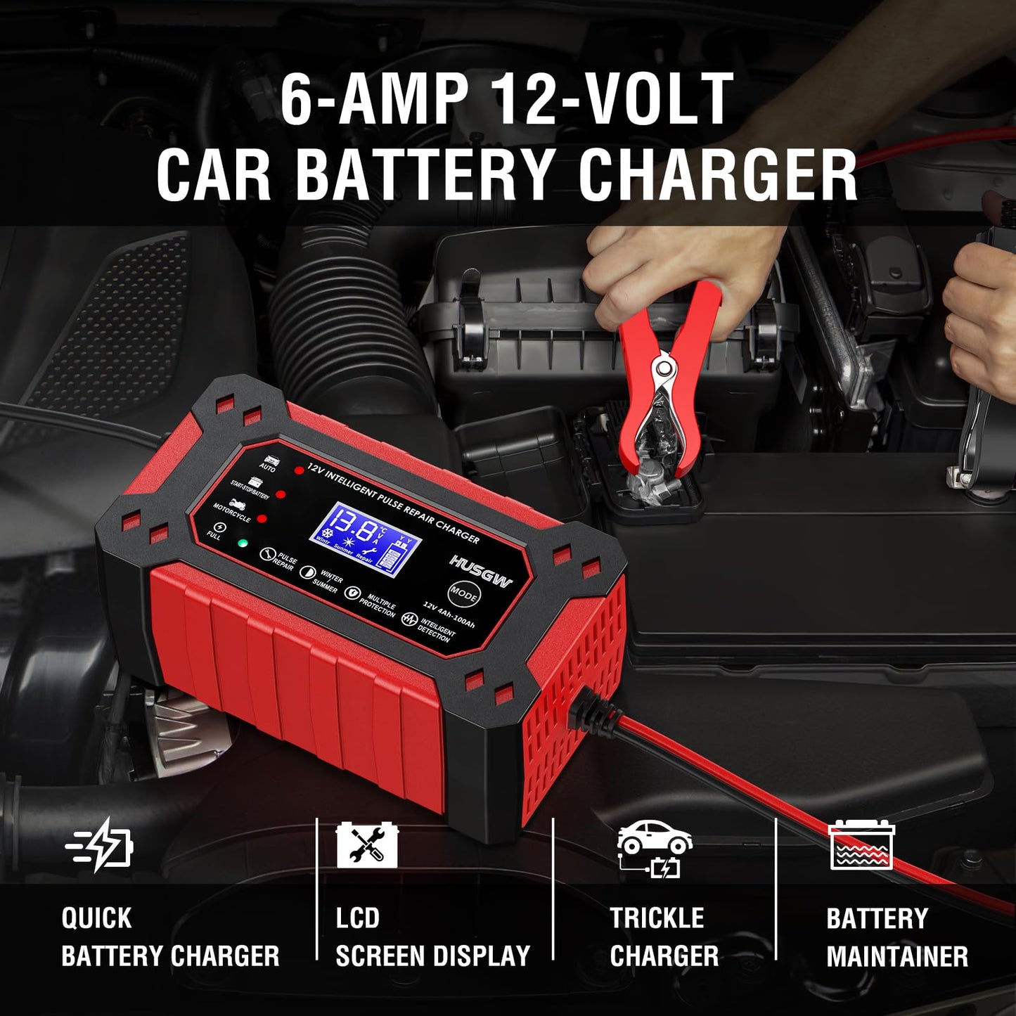 Car Battery Charger, 12V/6A Smart Battery Charger with Pulse Repair, Suitable for Cars, Marine Lead Acid Batteries