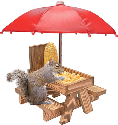 Squirrel Feeder Picnic Table with Umbrella and Corn Cob Holder, New Premium Gift for Squirrel and Chipmunk Lovers, Outdoor Garden Ornaments for Chipmunk Wildlife Bird Animal Bench Feeder