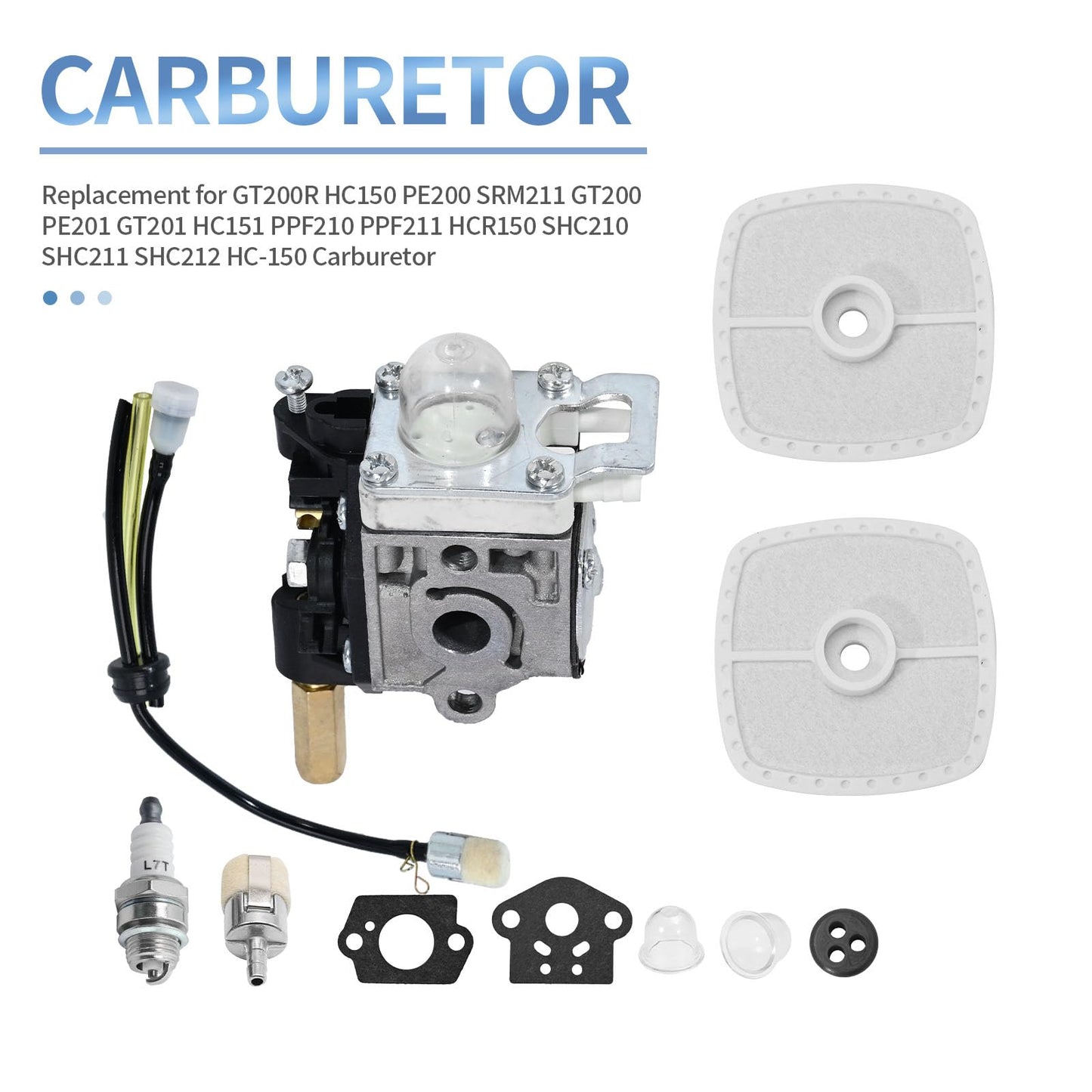 SRM210 Carburetor GT-200R Carb Kit Replacement for Echo Trimmer PE200 GT200 SRM 210 PE 200 HC150 SRM211 for Weed Eater with Tune up Primer Bulb Grommet