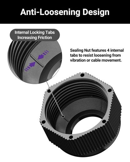 VCELINK 60Pcs IP68 Waterproof Cable Gland Kit - PG7/9/11/13.5/16/19 Thread, Adjustable for 3-18mm Cable Diameter, Black Nylon Cord Grip Connectors, Black
