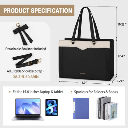 RAINSMORE Laptop Bag for Women 15.6 Inch Work Tote Bag for Women with Detachable Strap & Bow Leather Professional Laptop Tote with Cup Holder, Office Business Briefcase Large Handbag，Black-White