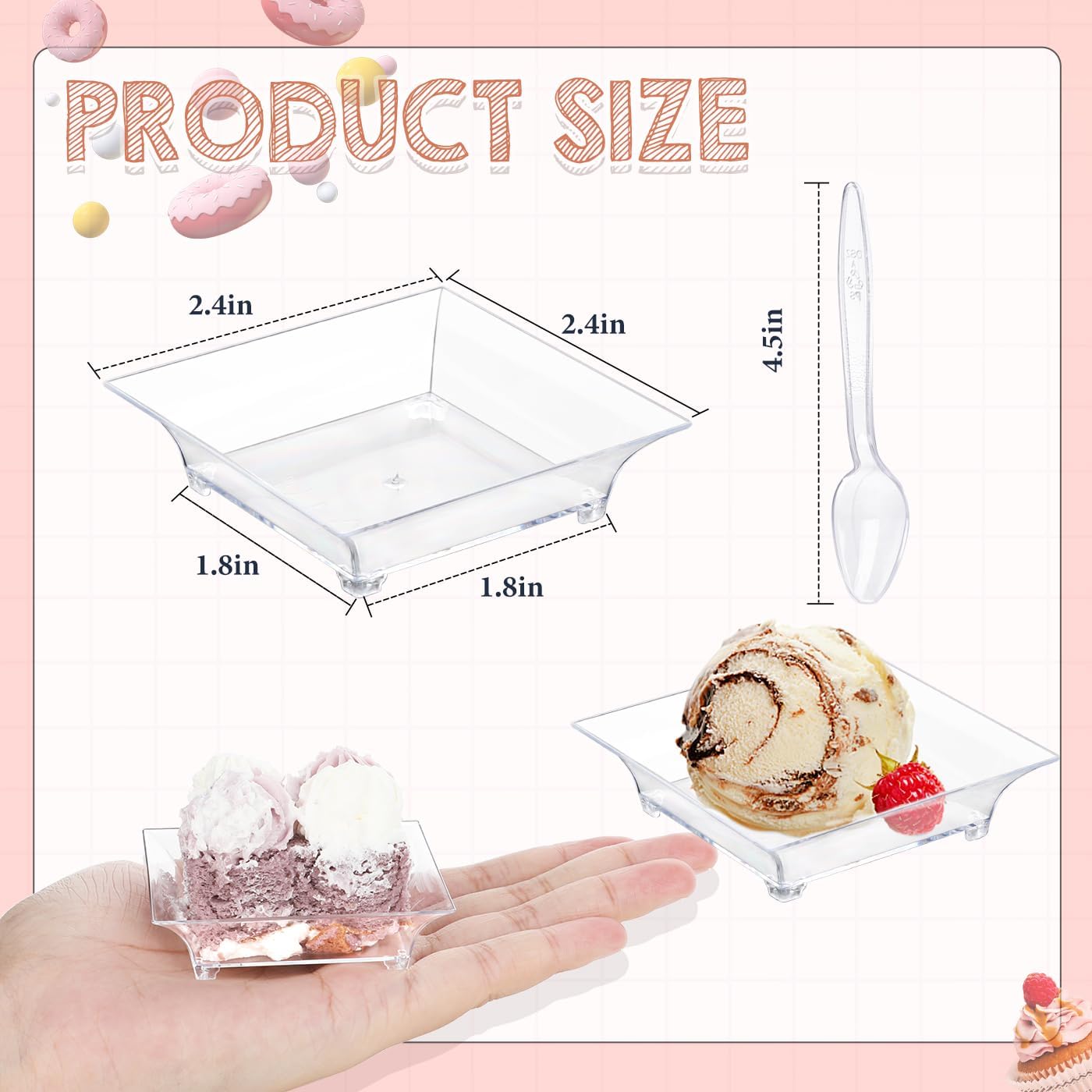 150 Pack Mini Dessert Plates with Tasting Spoons for 150 Guests, 2.4'' Small Clear Dessert Plates for Appetizer, Reusable Mini Square Plastic Appetizer Plates Set for Dessert, Sauce