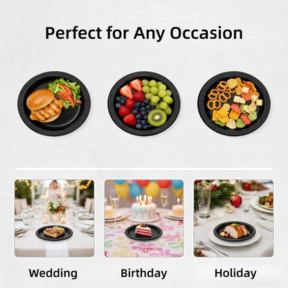 Cididu 200 Pcs Black Disposable Plastic Plates, 6.5 Inch Round Dessert Plates, Bulk Cake Plates Party Plates for Dinner Catering Birthday BBQ Wedding Travel Buffets, Light Weight Appetizer Supplies