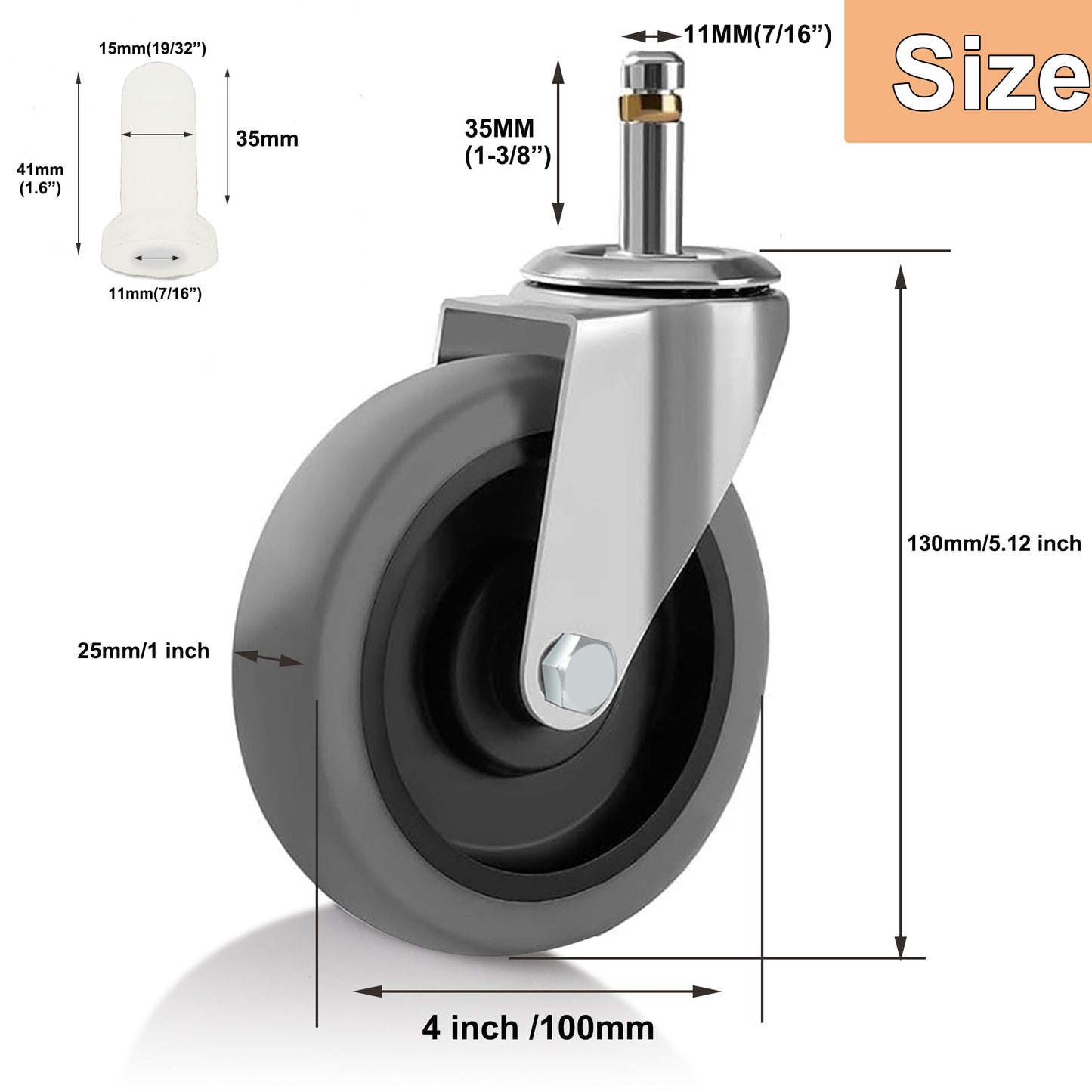 Swivel Stem Caster 4 Inch, Heavy Duty 7/16" Stem Diameter Rubber Wheel,Smooth Rolling TPR Replacement Wheels for Rubbermaid Models 7570-L2,7571,7580,7581,7582 7583