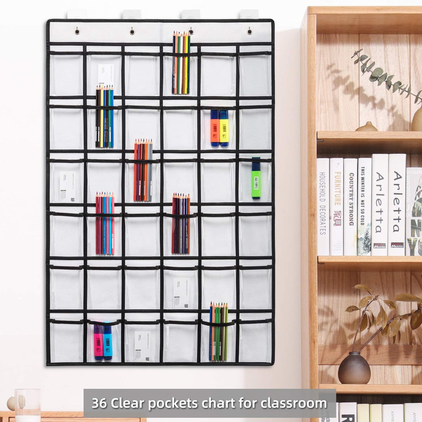 SAVERHO Classroom Pocket Chart for Cell Phones,36 Clear Pocket Chart for Calculator Holder with 36 Number Sticker (White)
