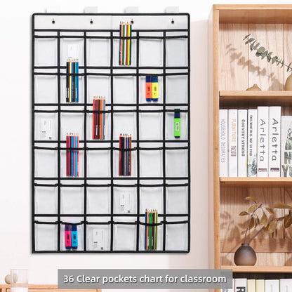 SAVERHO Classroom Pocket Chart for Cell Phones,36 Clear Pocket Chart for Calculator Holder with 36 Number Sticker (White)