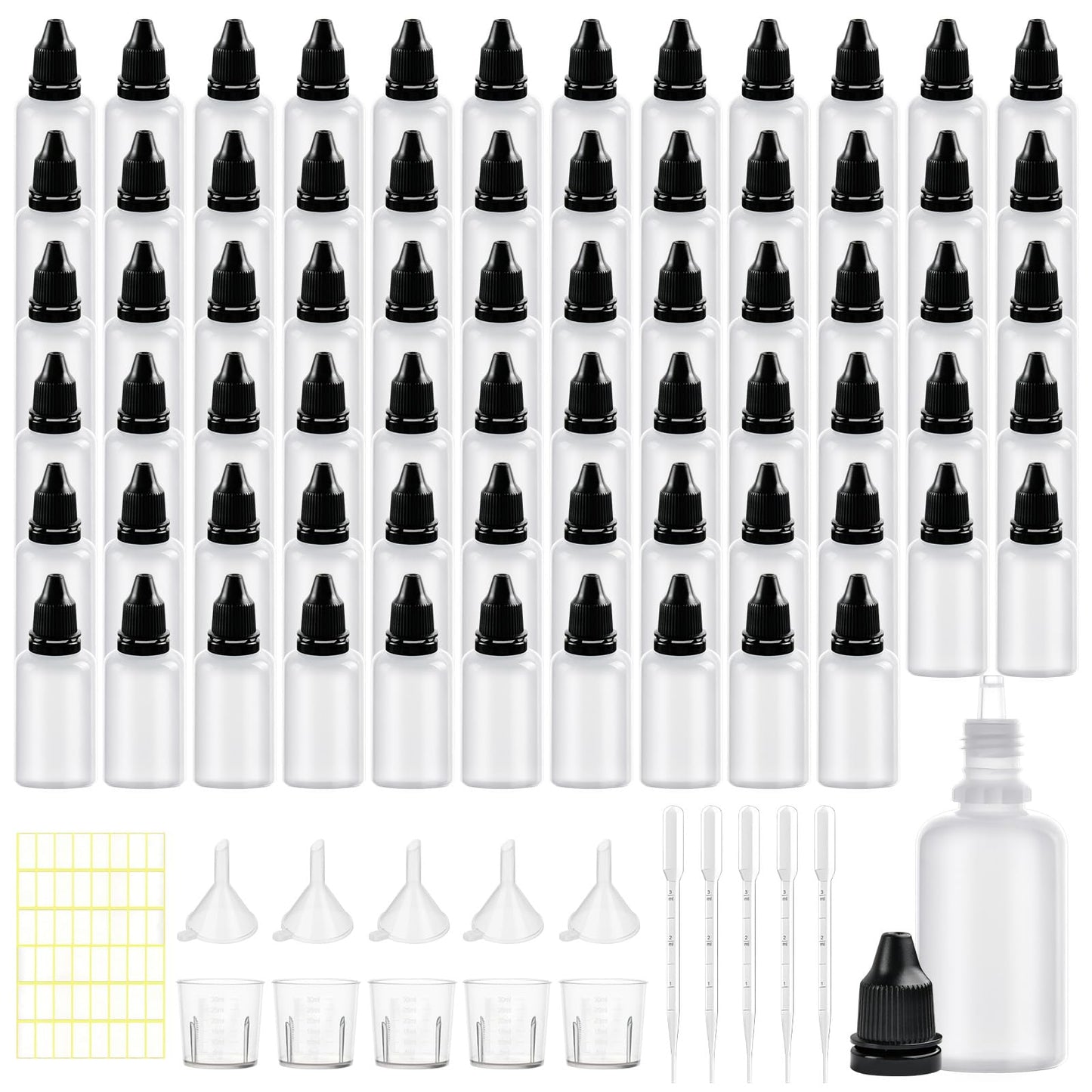 Boocalny 70 Pack Plastic Dropper Bottle, 30 ml / 1 oz Small Empty Squeeze Bottles, Plastic Paint Liquid Eye Dispensing Dropper Bottles with Screw Cap Funnel Measuring Cup Label Transfer Pipette
