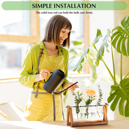 XXXFLOWER Plant Terrarium Wooden Stand Propagation Station Glass Bulb Vase, Desk Plants Holder Retro Style for Tabletop Hydroponics Home Wedding Garden Decor, 3 Bulb Vase