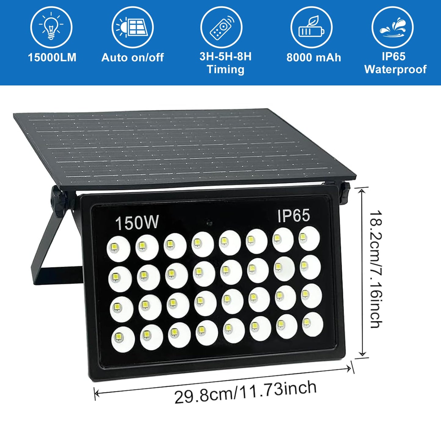 150W Solar Flood Lights Outdoor, 15000LM 6500K Bright Floodlights, IP65 Waterproof Solar Powered Security Light, Auto Dusk to Dawn with Remote Control for Yard, Street, Garden, Garage, Shed