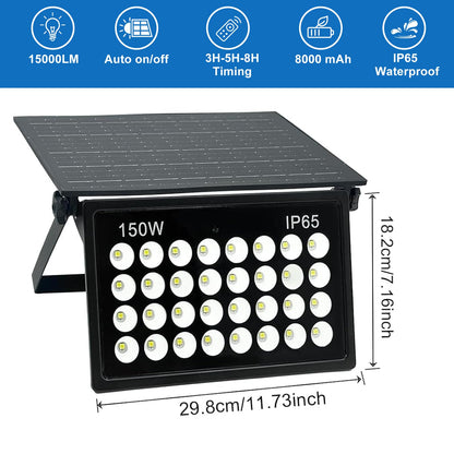 150W Solar Flood Lights Outdoor, 15000LM 6500K Bright Floodlights, IP65 Waterproof Solar Powered Security Light, Auto Dusk to Dawn with Remote Control for Yard, Street, Garden, Garage, Shed