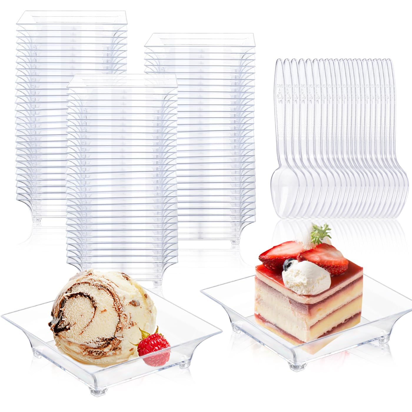 150 Pack Mini Dessert Plates with Tasting Spoons for 150 Guests, 2.4'' Small Clear Dessert Plates for Appetizer, Reusable Mini Square Plastic Appetizer Plates Set for Dessert, Sauce