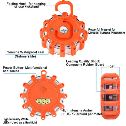 Yandu LED Road Flares (4 Pack) Emergency Beacon Safety Flare Flashing Warning Light for Car Truck Boat with Hook and Magnetic Base (4 Pack)