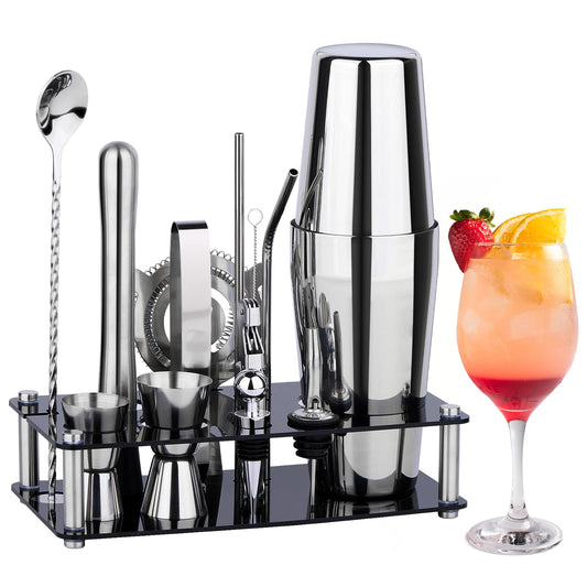 Wukuna 15-Piece Silver Bartender Kit: Premium Stainless Steel Bar Tool Set with Acrylic Stand & Recipe Book, for Home, Lounge & Party