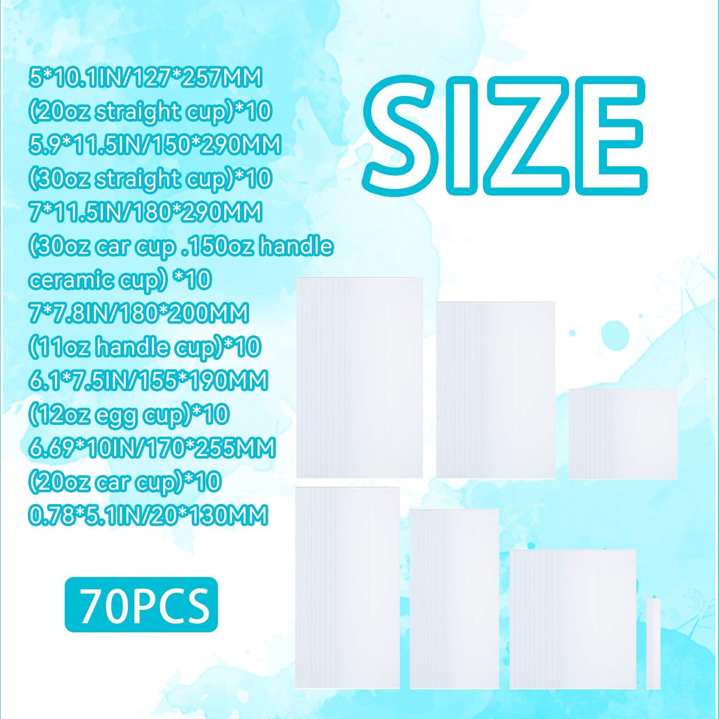 CHEUNGHAO 70 PCS Shrink Wrap Bags for Sublimation – 7 Different Sizes White Sleeves for Tumblers, Mugs, Cups, Bottles,Pen – Durable Shrink Film for Heat Press, DIY Crafts & Customizing