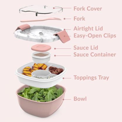 Bentgo Salad - Stackable Lunch Container with Large 54-oz Salad Bowl, 4-Compartment Bento-Style Tray for Toppings, 3-oz Sauce Container for Dressings, Built-in Reusable Fork & BPA-Free (Blush Marble)