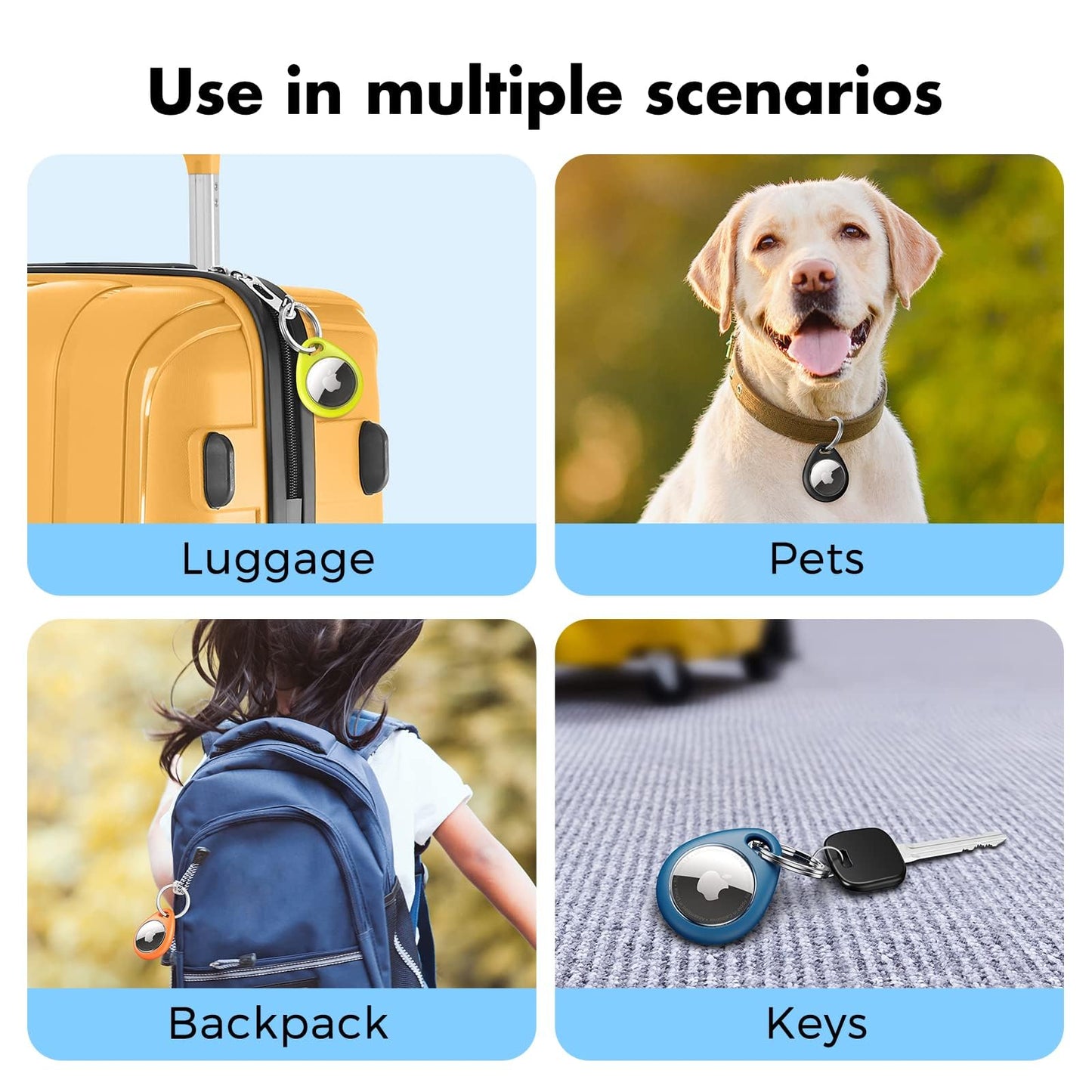 UNBREAKcable 4 Pack Ultra Secure Keychain Holder for Apple AirTag,Waterproof TPU Shell & Stainless Steel Ring [Durable Scratch-Resistant] [Easy Install] Protective Case for Key,Bag,Luggage,Pet Collar
