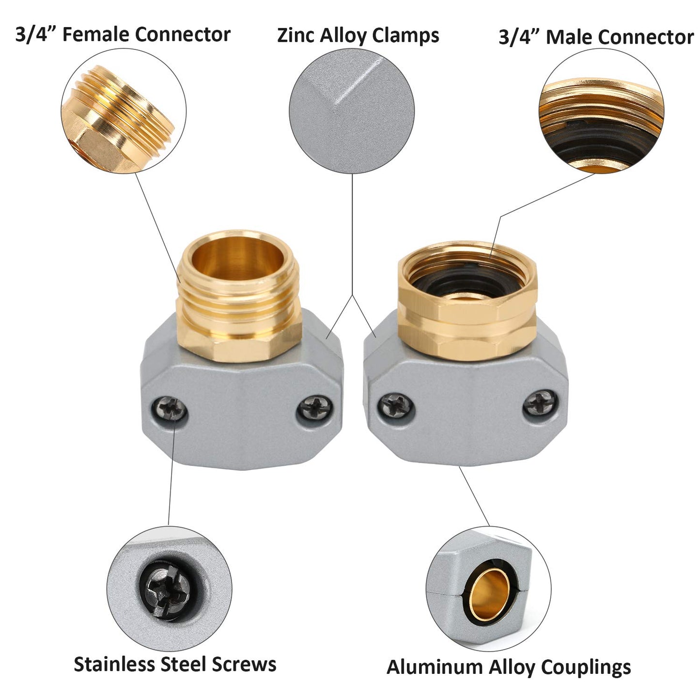 STYDDI Garden Hose Repair Kit, Aluminum Mender Female and Male Hose Connector with Zinc Clamp, Fit All 5/8-Inch and 3/4-Inch Garden Hose, 3 Sets