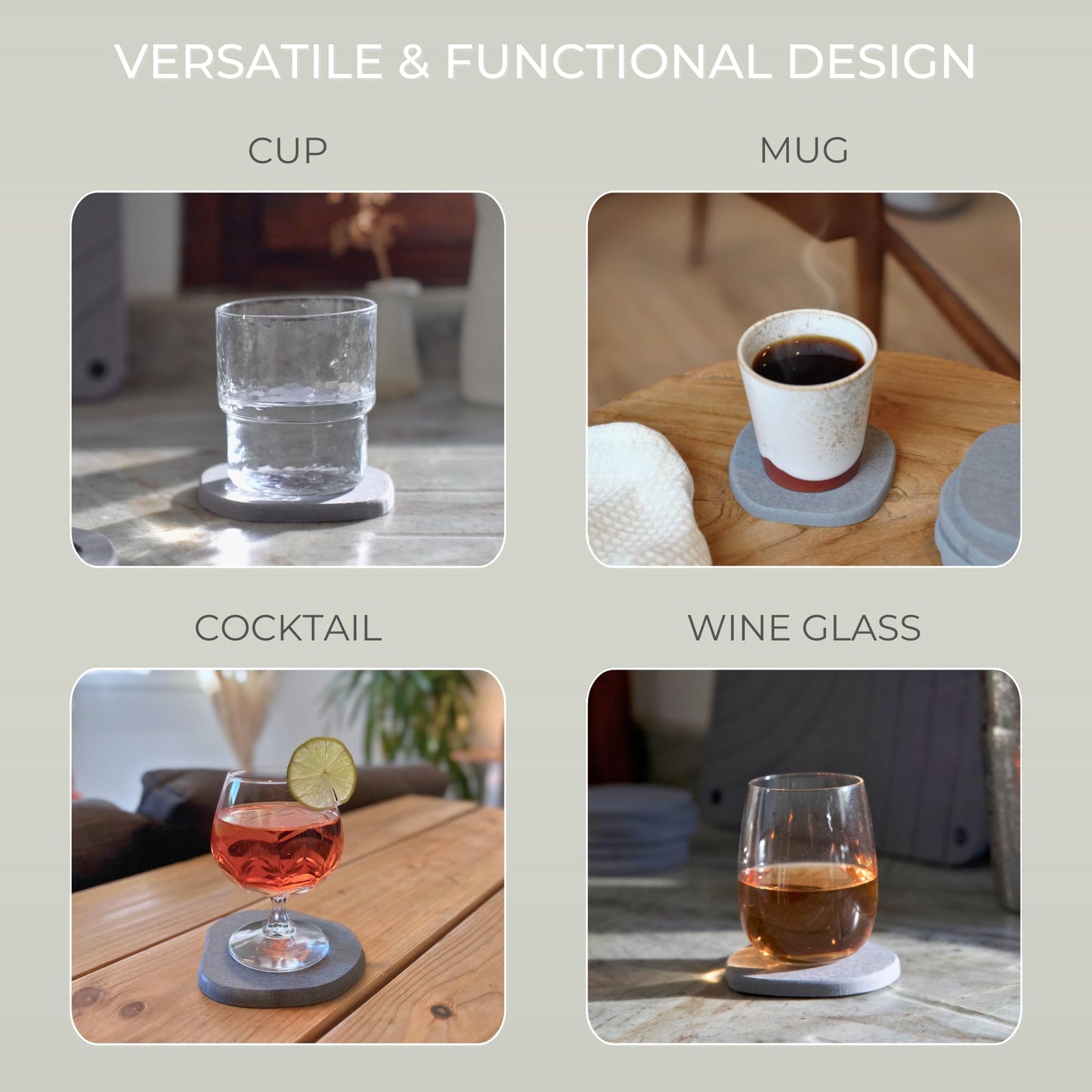 Natureva Home - Stone Coasters, Set of 6 | Super Absorbent, Quick Dry Diatomite Coaster for Drinks | Made of Natural Diatomaceous Earth | Absorbing Water Instantly | Unique Shapes | Colour Graphite