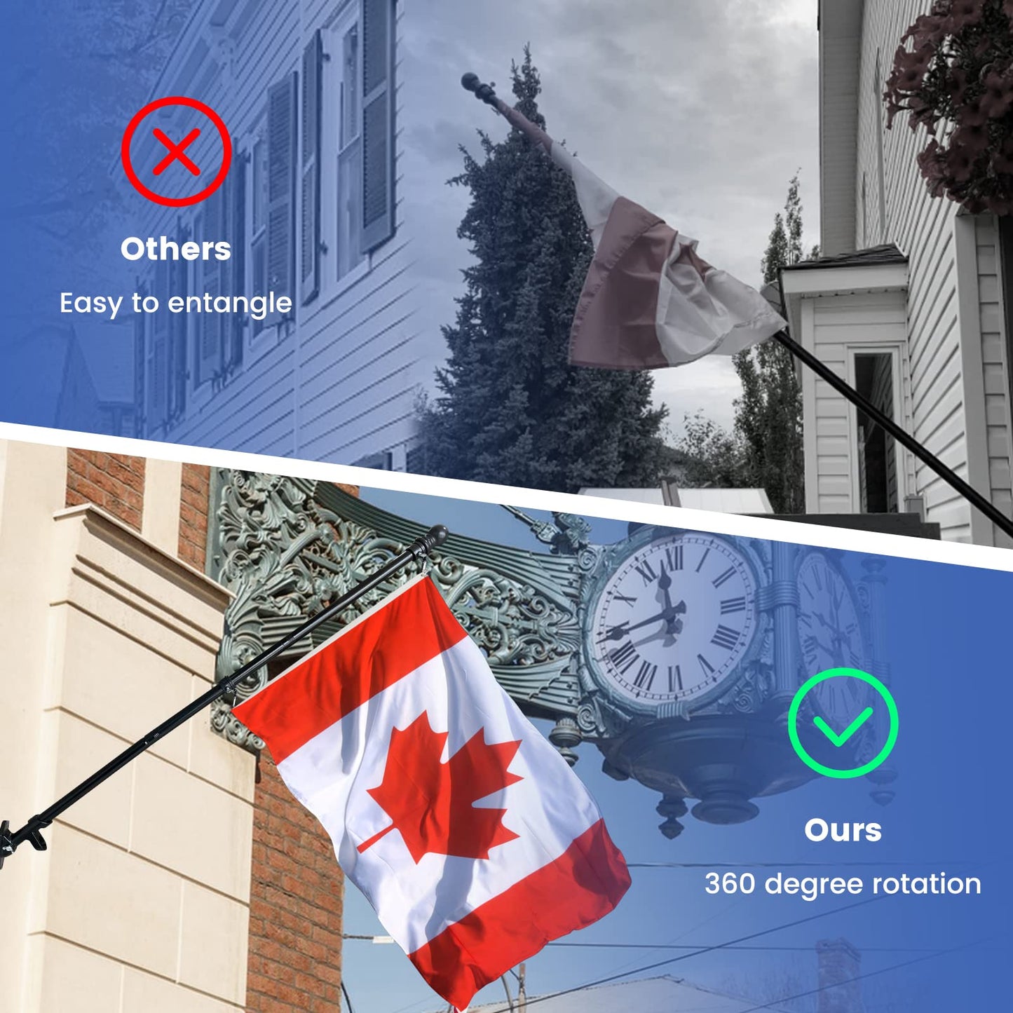 6.5FT/2M Flag Pole Kit for Canada Flag, Professional Stainless Steel Flag Pole with Mounting Bracket, Wall Mount Flag Pole Kit with Tangle Free Rings, Adjustable Length, for Garden, House, Patio