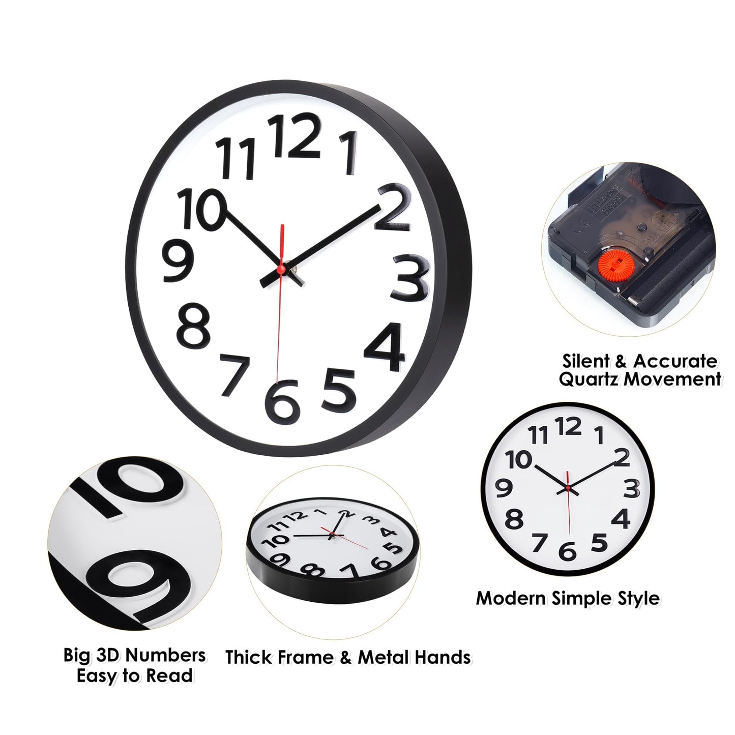 Crosstime Wall Clock 30cm Silent Non-Ticking - Big Numbers Easy to Read Round Quartz Analogue Clocks for Kitchen, Living Room, Office, School -12 Inch