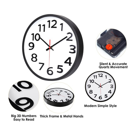Crosstime Wall Clock 30cm Silent Non-Ticking - Big Numbers Easy to Read Round Quartz Analogue Clocks for Kitchen, Living Room, Office, School -12 Inch