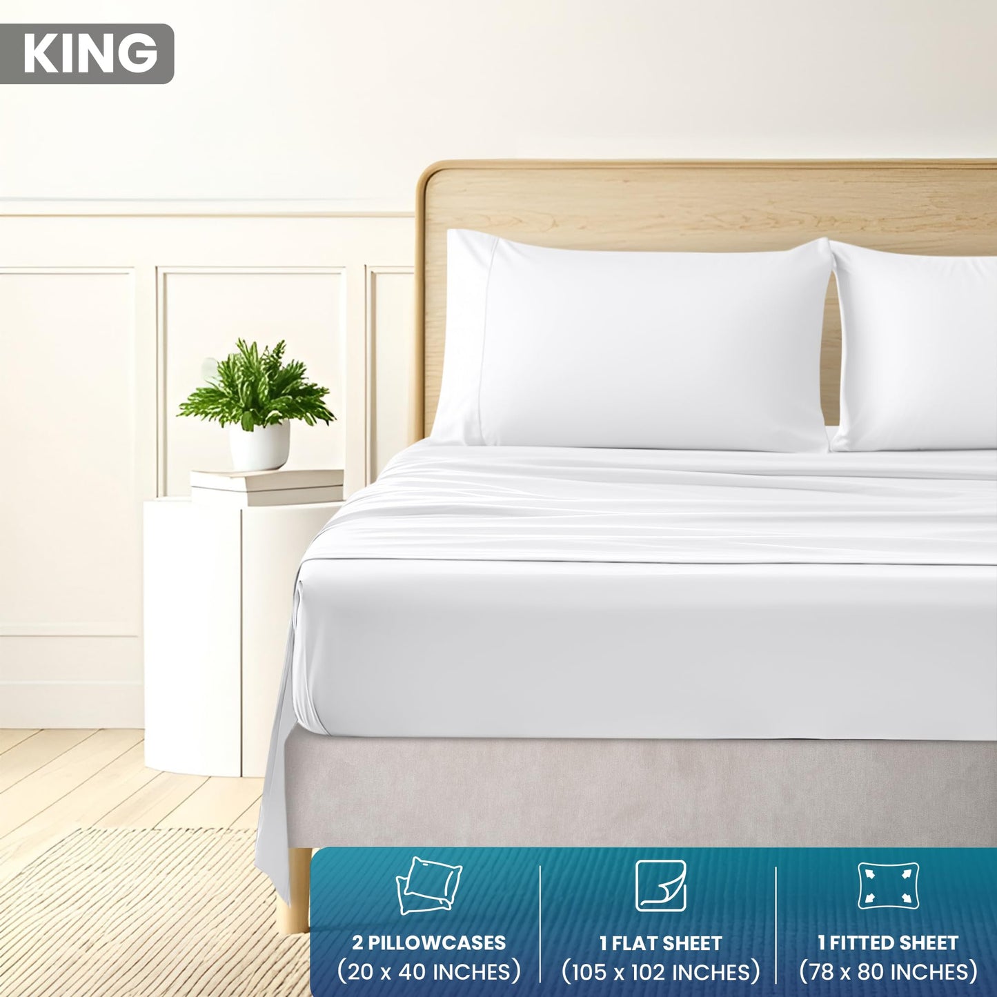 Utopia Bedding King Sheet Set - Brushed Microfiber - Soft Bed Sheets for King Size Bed - Luxury Bedding Sheets with Fitted Sheet, Flat Sheet & 2 Pillow Cases - Deep Pocket (White)