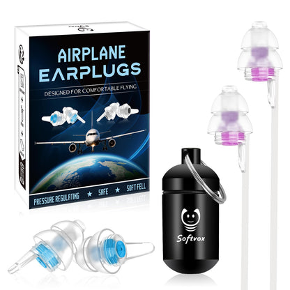 Ear Plugs for Airplane Pressure with Silicone Cord, Ear Pain Relief & Noise Reducing 25 dB, 100x Reusable Soft Flying Earplugs for Adults Kids 12+, Air Travel Essentials, Bouchon Oreille Avion Pression
