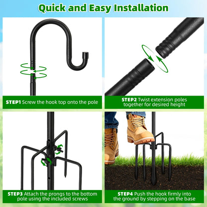 COCONUT 62" Heavy Duty Shepherds Hooks for Outdoor, Bird Feeder Pole with 5 Prong Base, Adjustable Height Shepherds Hook for Hummingbird Feeder, Bird Feeder, Plant, Wind Chimes, Lanterns (1 Pack)