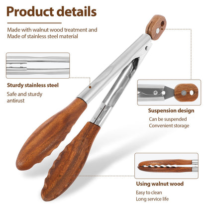 2 Pcs Walnut Wooden Kitchen Tongs Wood Food Tongs Salad Tongs with Wooden Tips, Locking Tongs Wood Serving Tongs for Flipping Cooking Grilling