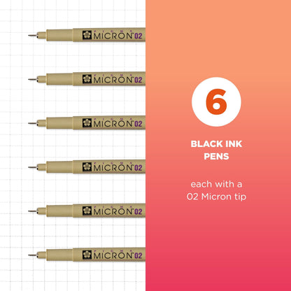 Sakura Pigma Micron Fineliner Pens - Archival Black Ink Pens - Pens for Writing, Drawing, or Journaling - Black Ink - 02 Point Size - 6 Pack
