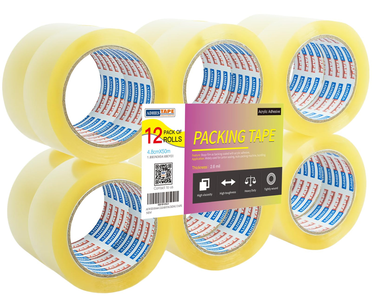 ADHES Clear Packing Tape Shipping Tape Packaging Tape Moving Tape, 54.68yard Per Roll 1.89inch Width 2.6Mil Thickness(12Rolls)