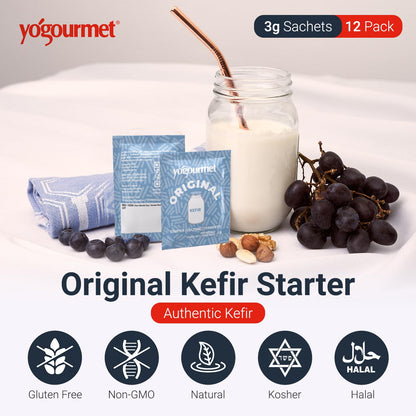Yogourmet Kefir Starter (12 Sachets = 12 Liters of Kefir) - Make kefir at Home - Starter Culture - All Natural, Gluten Free, Kosher, Halal - 3 g Sachets