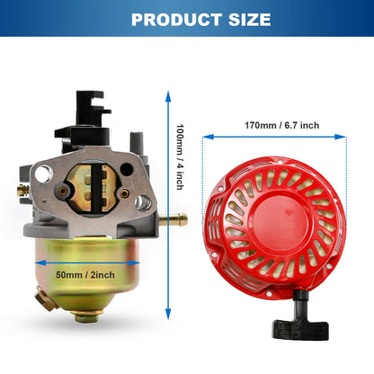 196cc 6.5HP Carburetor with Recoil Pull Starter Replacement for Champion 3000 3500 4000 Power Equipment Watt Gasoline Generator Replace 46561 46558 46539 46551 46555 46596 46533 196cc Carburateur