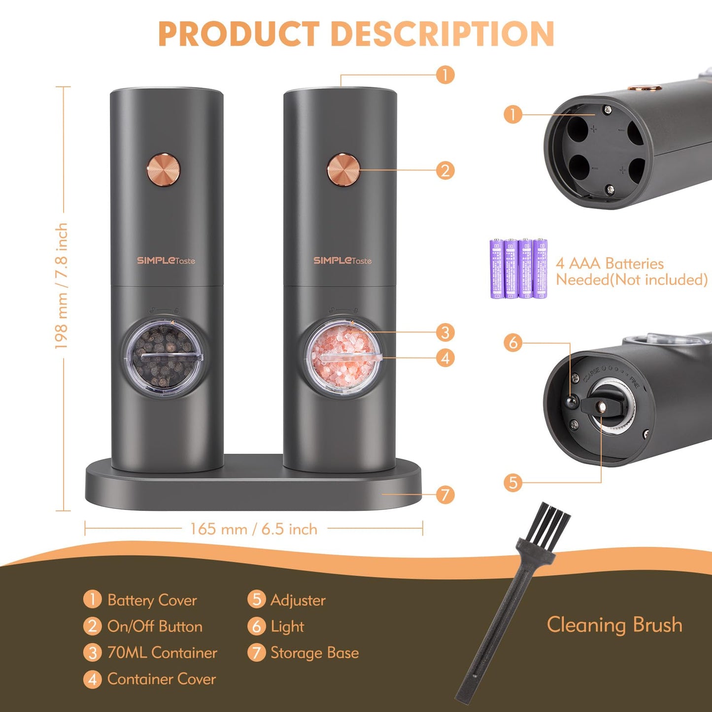 SIMPLETASTE Electric Salt and Pepper Grinder Set, One-Handed, Battery Powered, Adjustable Coarseness, LED Light, Pepper Mills with Stand, Seasoning Tools for Kitchen, Dining