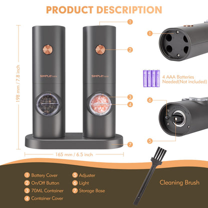 SIMPLETASTE Electric Salt and Pepper Grinder Set, One-Handed, Battery Powered, Adjustable Coarseness, LED Light, Pepper Mills with Stand, Seasoning Tools for Kitchen, Dining